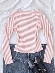 SHEIN 青少年女孩淺粉色條紋 2 合 1 對比蕾絲長袖 T 恤上衣 - 粉色 - 查看 2