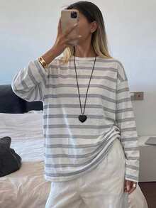 DAZY Striped Loose Drop Shoulder Long Sleeve Round Neck Women Casual T-Shirt - Blue and White - View 3