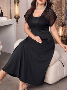 Modelyn Elegant Solid Color Patchwork Knit Jacquard Sleeveless A-Line Regular Fit Plus Size Dress For Spring And Summer - Black - View 1