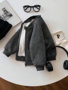 SHEIN Abyboy 嬰兒女童灰色秋冬可愛百搭極簡純色紋理布料夾克外套，適合秋冬穿著 - 藏蓝色 - 查看 6
