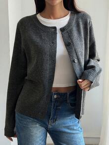 DAZY Cardigan Rajut Wanita Warna Polos Longgar Leher Bulat Lengan Panjang Kasual Streetwear untuk Liburan Musim Semi Musim Gugur - Grey - View 3