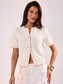 SHEIN BAE Regular Women's Gold Button Fur Knit Cardigan - Apricot - View 3
