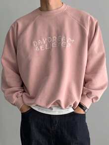 DAZY Spring/Autumn Pink Loose Short Crew Neck Sweatshirt With Ribbed Hem And Cuffs, Letter Embroidery Pullover Sweatshirt For Men - Pink - View 1