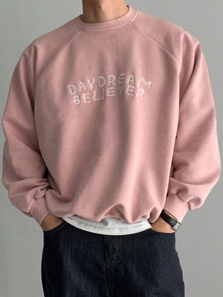 DAZY Spring/Autumn Pink Loose Short Crew Neck Sweatshirt With Ribbed Hem And Cuffs, Letter Embroidery Pullover Sweatshirt For Men - Pink - View 1