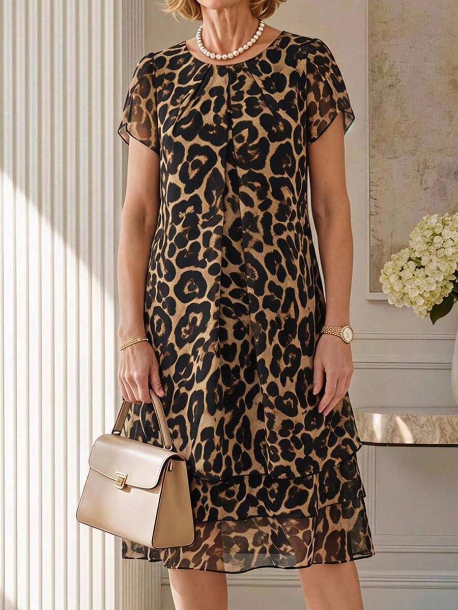 EMERY ROSE Gaun Kasual Motif Leopard untuk Perjalanan Musim Panas Sehari-hari, Cocok untuk Wanita Paruh Baya dan Lansia - Coklat - View 1