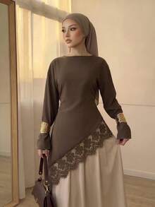 Celisse Women's Early Autumn New Loose Fit Asymmetrical Hem Lace Trim Long Sleeve Top - Brown - View 7