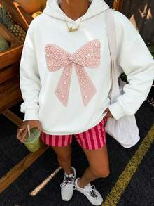 Tween Girl Bow Pattern Casual Daily Wear Hooded Sweatshirt - White - View 4