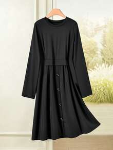Rusticease Women's Solid Color Round Neck Long Sleeve Button Design Casual Modest Long Dress Autumn Elegant Office Dinner Black - Black - View 1