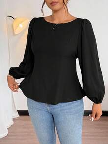 Firerie Plus Size Women Casual Elegant Vacation Minimalist Versatile Daily Basic Bowknot Loose Fit Puff Sleeve Blouse, Spring/Autumn,Fall Clothes For Women - Black - View 2