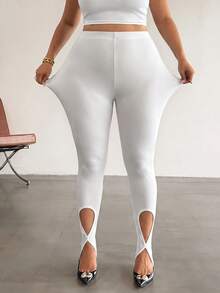 Firerie Plus Size Women's Sexy Elegant Daily Gym Workout Vacation Active Casual White Knit High Waist Slim Fit Cutout Stirrup Tight Leggings Fall - White - View 8