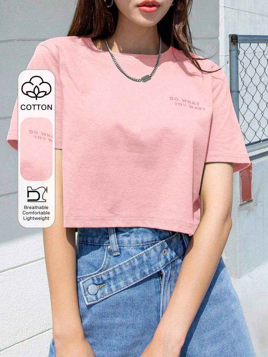 DAZY Camiseta corta con gráfico de eslogan: "HACER LO QUE QUIERAS" - Verano - Rosa Pálido - Ver 1