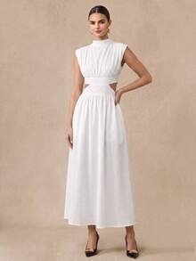 Almamuse All White Split Textured Stand Collar Casual Dress With Cap Sleeves, Spring/Summer Maxi Dress With Pockets - White - View 1