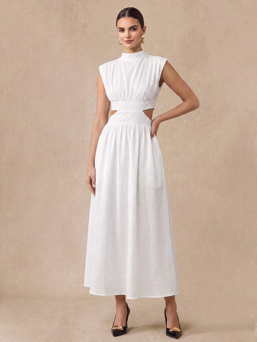 Almamuse All White Split Textured Stand Collar Casual Dress With Cap Sleeves, Spring/Summer Maxi Dress With Pockets - White - View 1