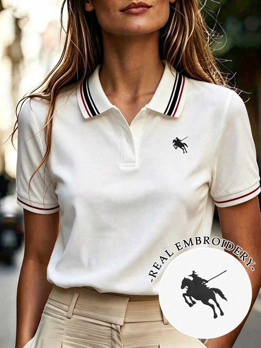 Trelyra Kaos Lengan Pendek Kasual Wanita Motif Ksatria, Serbaguna untuk Pemakaian Sehari-hari - Putih - View 1