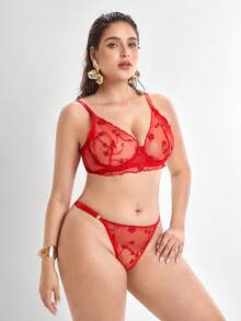 Slumbrini Elegant Sheer Embroidered Push Up Bra And Panty Lingerie Set For Plus Sizes, Lift Red - Red - View 6