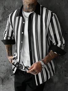 SLATEMANN Men's Mature Casual Mesh Patchwork Shirt - Black and White - View 4