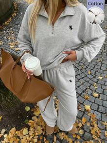 SHEIN EZwear 淺灰色刺繡細節運動衫與運動長褲套裝 - 淺灰色 - 查看 10