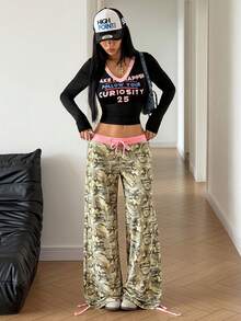 StreetHx Sweet & Cool Hot Girl Low Waist Contrast Color Tie Waist Camo Waffle Knit Long Pants - Army Green - View 3