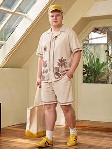 Whitmere Plus Size Men's Casual Loose Suit, Short Sleeve Button-Down Shirt And Shorts 2-Piece Set, Fashionable Relaxed Beach Outfit - Apricot - View 1