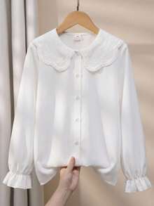 SHEIN Girls' Elegant Cute Embroidered Lace Petal Collar Princess Long Sleeve Button-Front Single-Breasted Casual Fashion Blouse, School, Birthday, Fall - White - View 1