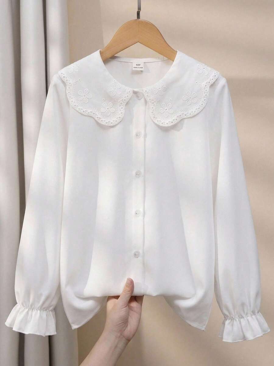 SHEIN Girls' Elegant Cute Embroidered Lace Petal Collar Princess Long Sleeve Button-Front Single-Breasted Casual Fashion Blouse, School, Birthday, Fall - White - View 1