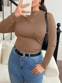 SHEIN Frenchy Plus Size Mock Neck Ruched Slim Fit Tee/Fall/Winter - Khaki - View 4