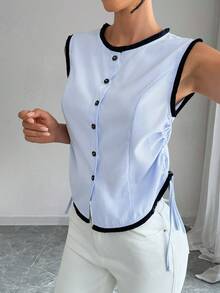 SHEIN LUNE Women Striped Single-Breasted Side Drawstring Round Neck Sleeveless Casual Top - Baby Blue - View 6