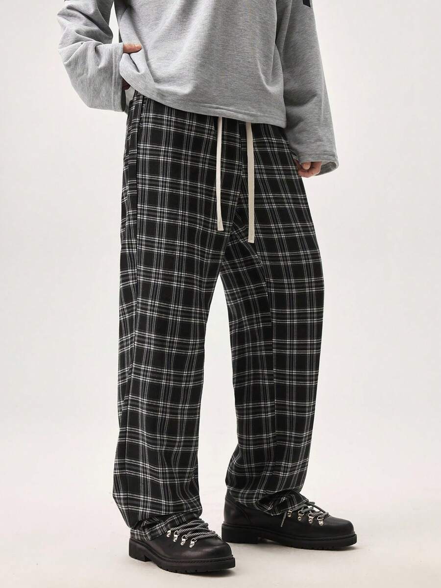 Vaulklash Loose Men's Plaid Print Drawstring Waist Pants Straight Leg Long Slacks Going Out, Fall Wide Leg - Black and White - View 1