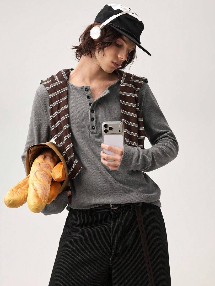 Vaulklash Men's Solid Color Simple Long Sleeve T-Shirt, Casual Daily Wear, Fall - Grey - View 1