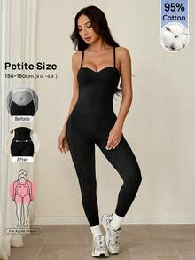 SHEIN PETITE Tuta aderente casual da donna con spalline sottili, tinta unita - nero - Visualizzare 3