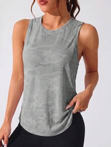 SHEIN Sovereign Charm 女款運動瑜伽戶外健身無袖寬版背心，X交叉網眼後背設計，倒V下擺 - 淺灰色 - 查看 5