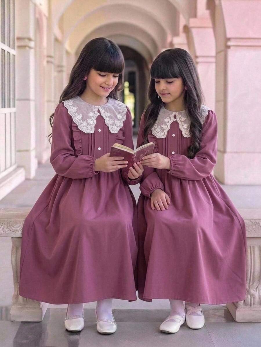 SHEIN Tween女孩格紋蕾絲簡約返校洋裝,秋冬/四季穿著,適合小學、國中 - 粉色 - 查看 1