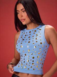 Denimoi Women's Metal Patch Decor Round Neck Sleeveless Fitted Top - Baby Blue - View 3