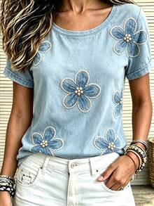 Trelyra Women's Casual Floral Print Round Neck Short Sleeve T-Shirt, Versatile For Daily Wear - Multicolor - View 4
