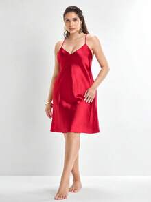 Slumbrini Red Sexy Satin Backless Halter Neck Plus Size Nightgown Red - Red - View 7