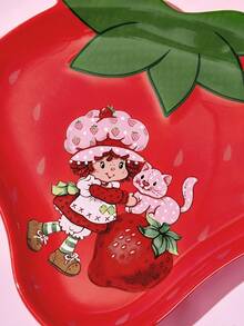 Strawberry Shortcake X SHEIN 1個卡通造型陶瓷盤，陶瓷甜點盤，適用於甜點、水果、小食，也可作為居家收納盤，收納鑰匙、珠寶等，適用於微波爐與洗碗機，草莓、田園、甜美風 - 紅色 - 查看 6