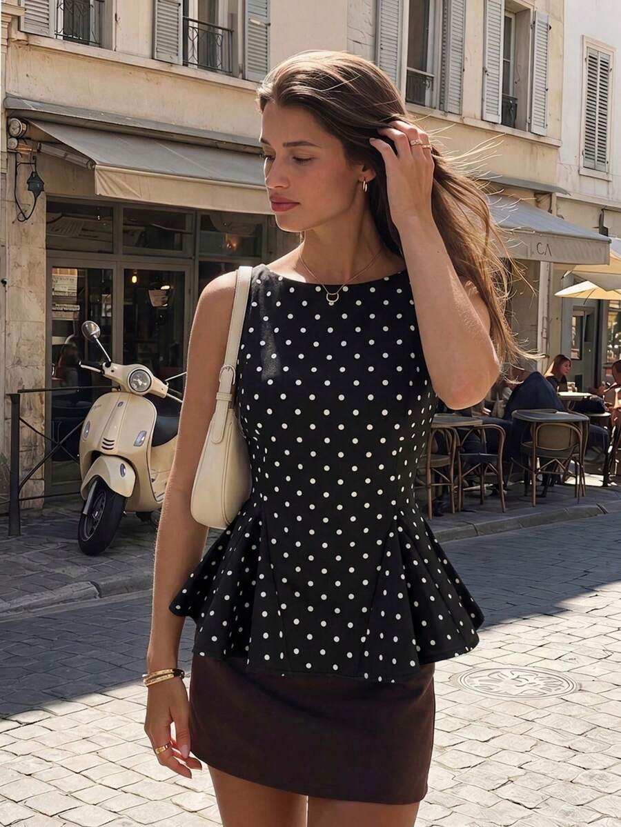 Serisse Spring/Summer New Black & White Polka Dot Sleeveless Tank Top For Women,Summer Top Elegant - Black - View 1