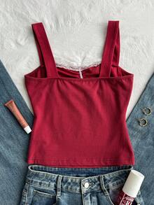 DAZY Women's Lace Patchwork Bow Decor Casual Versatile Daily Wear Top - Burgundy - View 3
