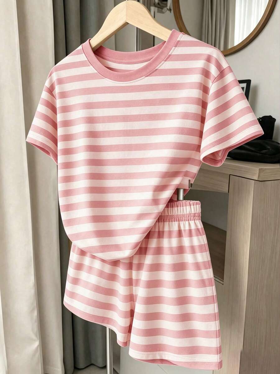 Tween Girl 休閒簡約條紋短袖上衣與短褲 2 件套,適合 S 號 - 白色 - 查看 1