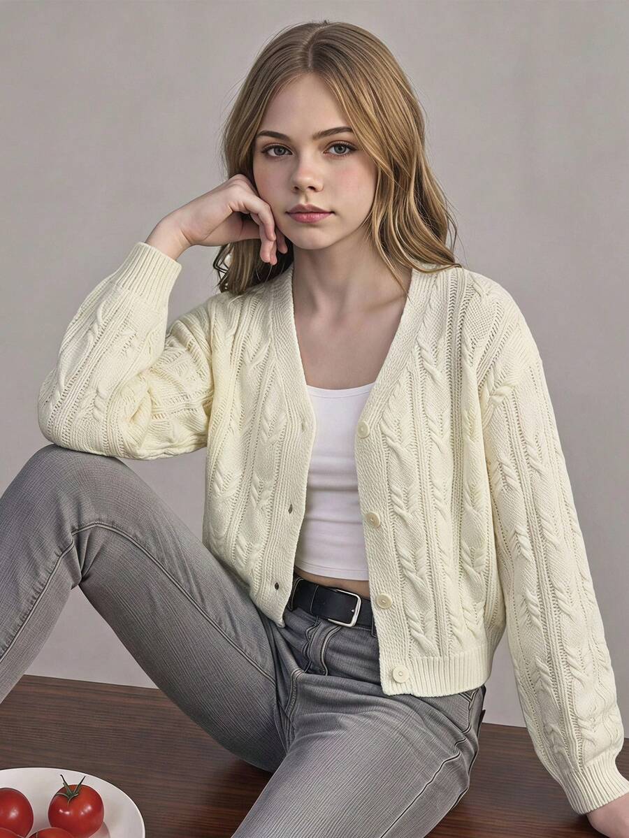 SHEIN Girls' Open Front Beige Autumn/Winter Cardigan Sweater Top, Knitted - White - View 1
