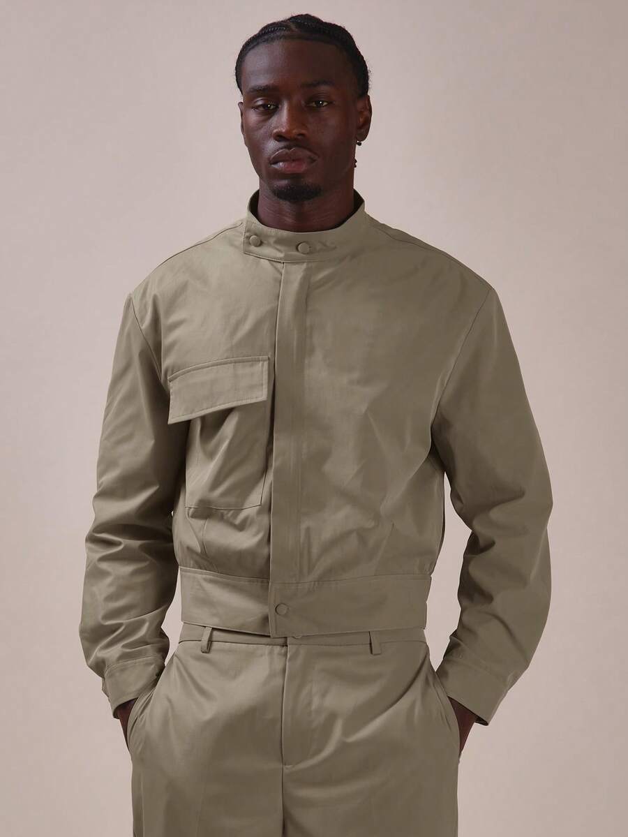 Musero Tailored Funnel Neck Jacket Large Front Pocket Detail Tapered Waist Spring Summer Eseentials Co Ord Jacket Only - Khaki - View 1