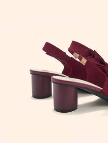 CUCCOO BASICS Ladies' Pointed, Thick Heel, Breathable Mesh, Bow Tie, Back Strap Shoes, Commuting Style, Versatile For Daily Dates, Single Shoe - Burgundy - View 4