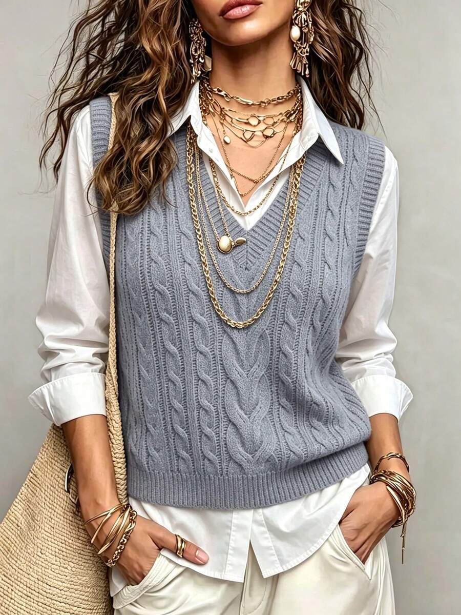 SHEIN PariChic Women's Cable Knit V-Neck Casual Versatile Knitted Vest - Dusty Purple - View 1