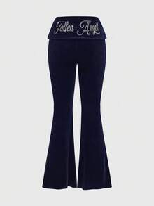 ROMWE Grunge Punk Setelan Wanita 2 Potong: Sweatshirt Berkerudung Pas Badan Bermotif Rhinestone Beludru Gaya Y2K Millennium Hot Girl, Celana Flare Pinggang Rendah - Navy Blue - View 6
