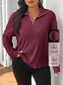SHEIN Frenchy Kaos Kasual Kerah Resleting Warna Aprikot Lembut Ukuran Besar, Pakaian Musim Gugur untuk Wanita - Burgundy - View 6