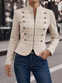 SHEIN Clasi Women's Long Sleeve Zip-Up Casual Napoleon Jacket - Apricot - View 9