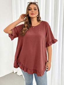 Shapeblank Blusa holgada de mujer talla grande con cuello redondo, mangas con volantes y botones, unicolor - Rosa vieja - Ver 6