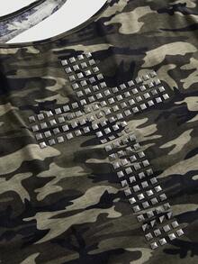 ROMWE Grunge Punk Y2K 龐克十字鉚釘設計後背燒花鏤空寬鬆版型純色百搭 T-shirt - 軍綠色 - 查看 3