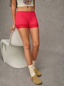 Esseday Women's Solid Color Contrast Lace Safety Shorts - Red - View 7