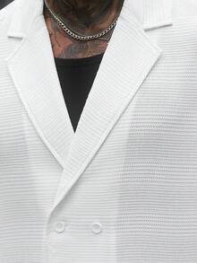 SLATEMANN Set da uomo con camicia a maniche corte casual ampia con colletto a revers, design a doppio petto e texture a nido d'ape tinta unita, e pantaloni lunghi con vita elastica - Bianco - Visualizzare 3